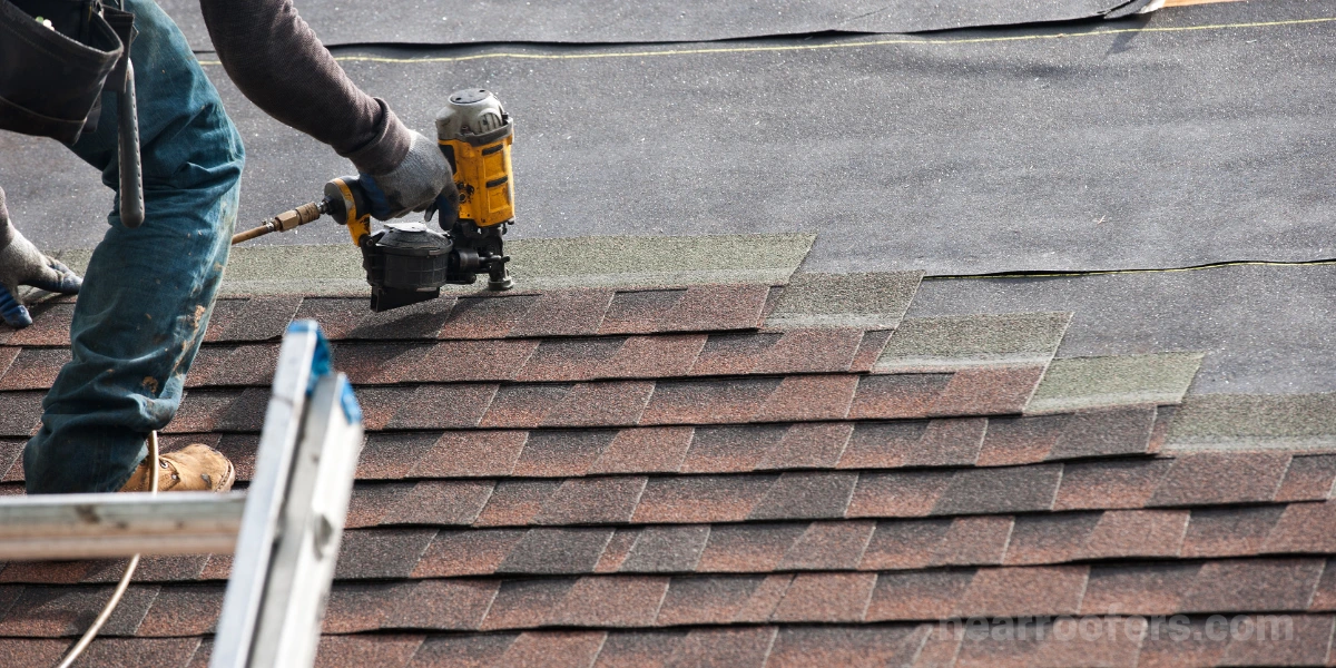 Professional roofing crew installing new shingles on a residential roof